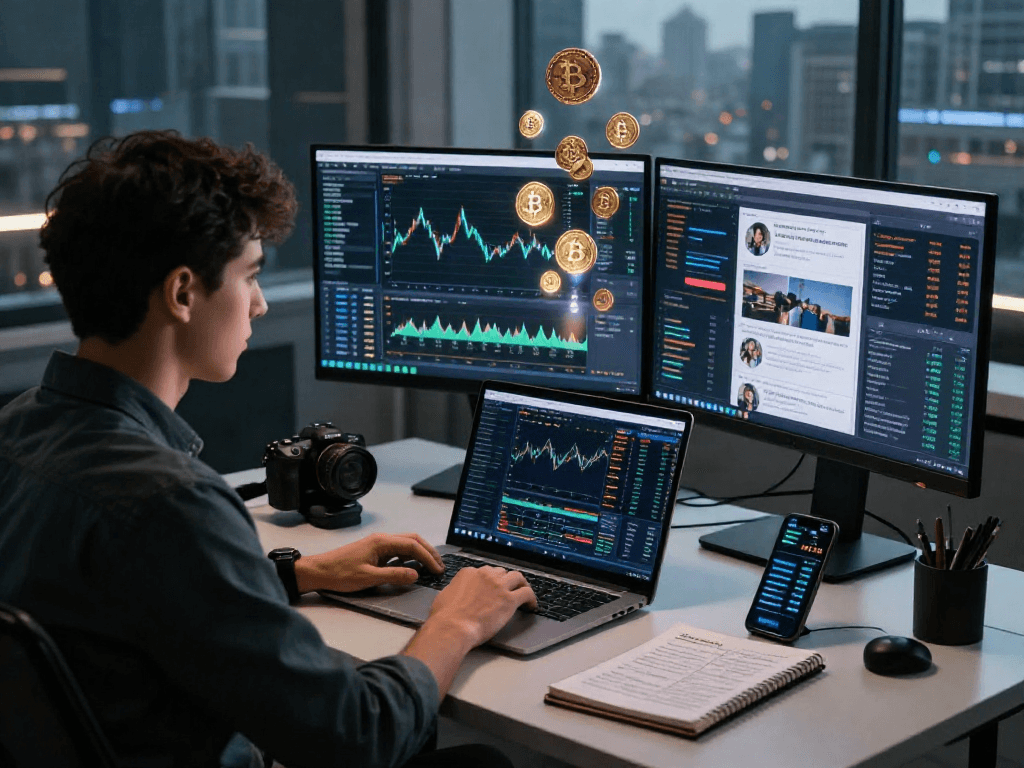El mejor exchange cripto con un trader analizando datos y gráficos en un entorno moderno.