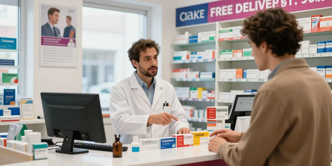 Buying Cialis in Spain at a pharmacy with free delivery options displayed.