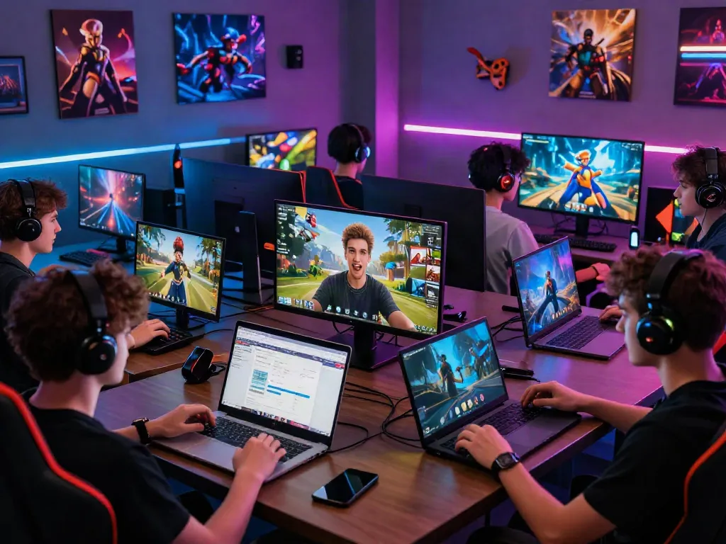 Exciting gaming scene on https://gem88.bz/ with players engaging on various devices in a lively atmosphere.