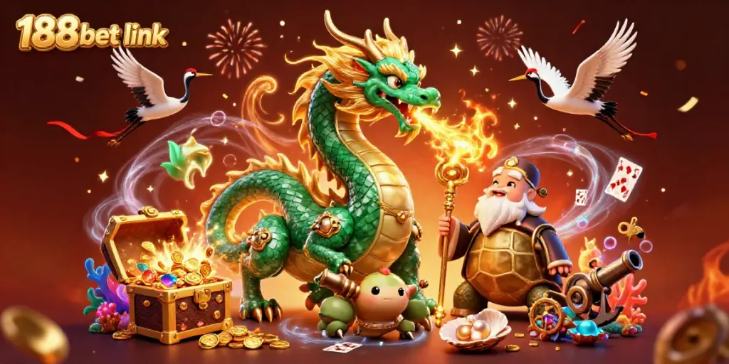 Engage with the 188bet link in a vibrant, captivating casino scene, showcasing a jade dragon and lucky motifs.