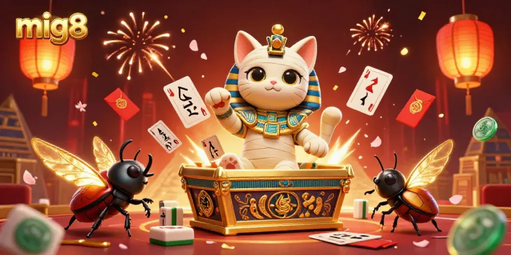 Experience the excitement of mig8 with a vivid 3D illustration of an Egyptian mummy cat in a vibrant casino setting.