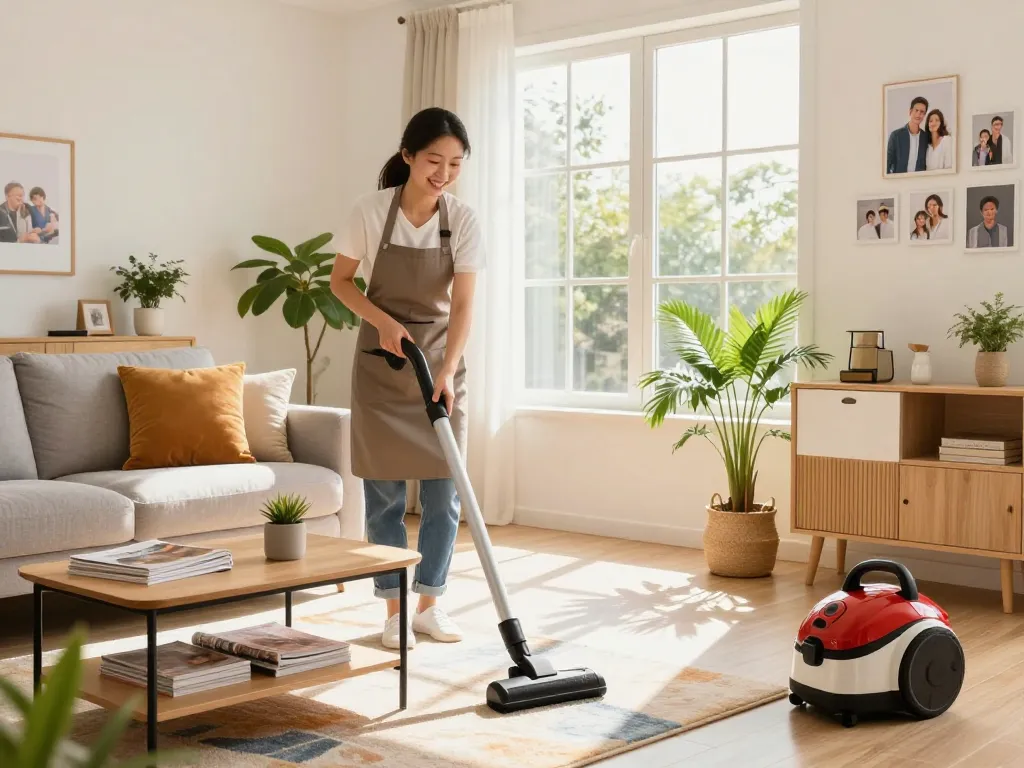 Profesionales del hogar realizando limpieza en una sala de estar luminosa, mostrando un ambiente ordenado y acogedor.