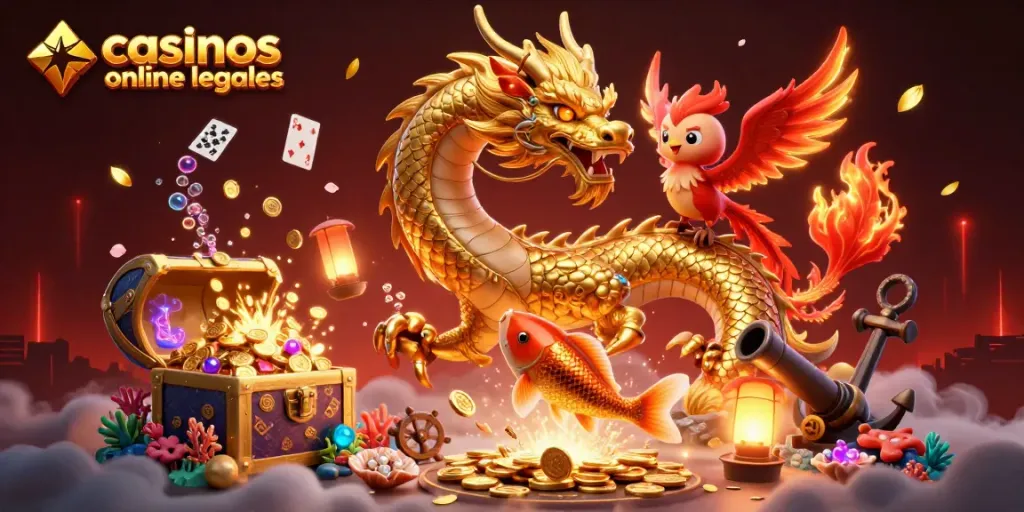 Juega en casinos online legales en un entorno vibrante con dragón dorado y monedas brillantes