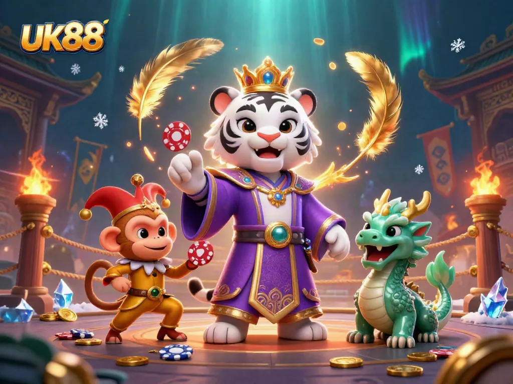 uk88 showcases an energetic scene with a white tiger, monkey, and jade dragon, celebrating casino games.