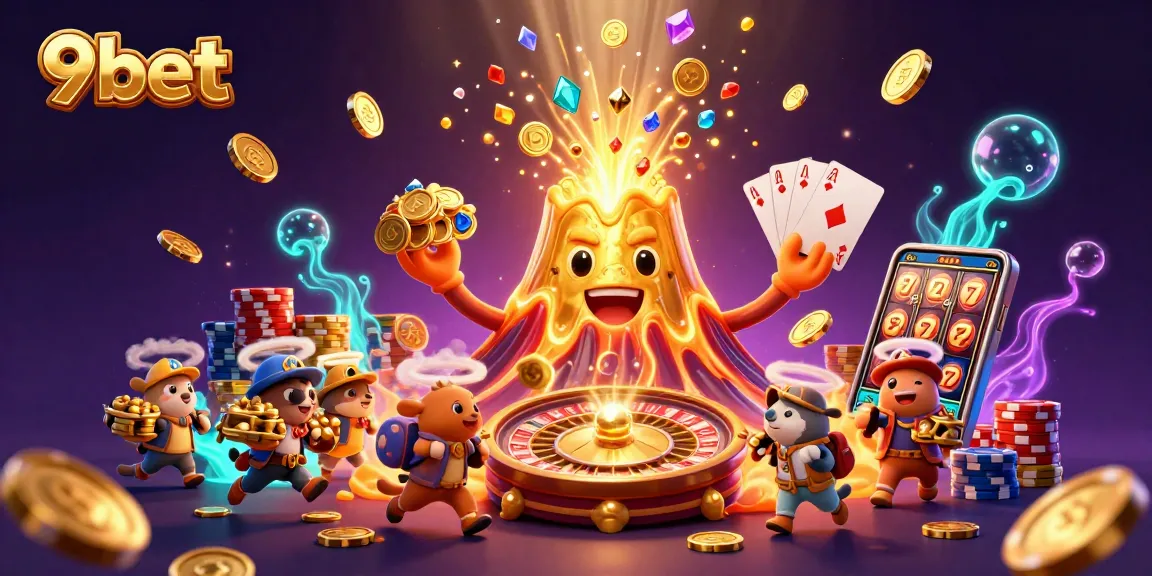 Engage in thrilling gameplay with the 9bet casino scene showcasing treasure eruptions and roulette.