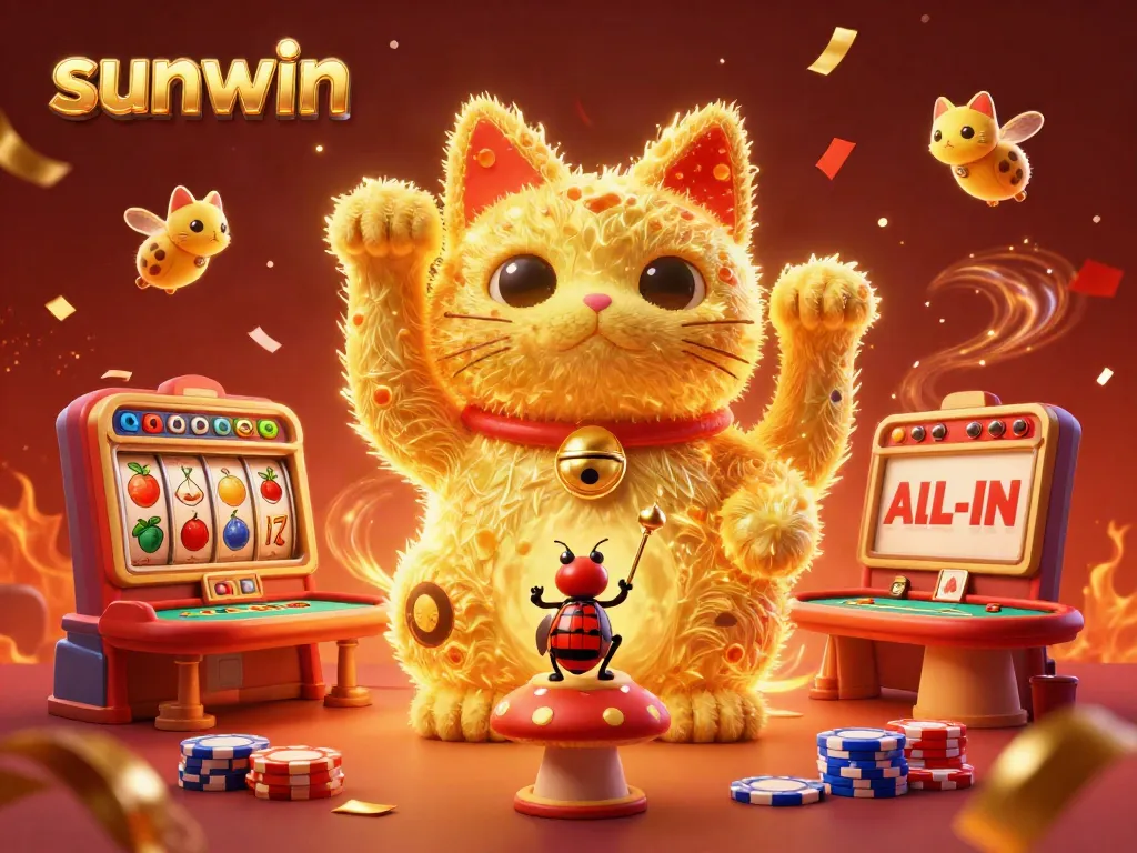 Experience the exciting world of sunwin with a lucky cat and festive casino symbols in a vibrant 3D scene.