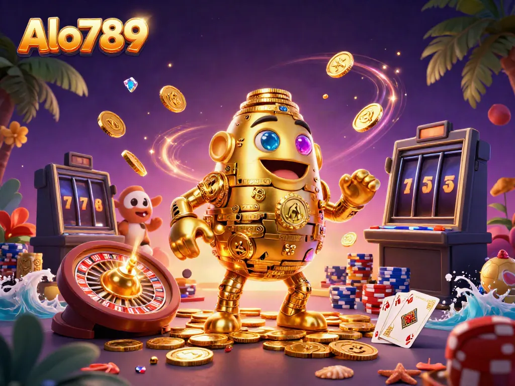 Alo789 engages players with a dynamic 3D illustration of a golden golem among gambling elements.
