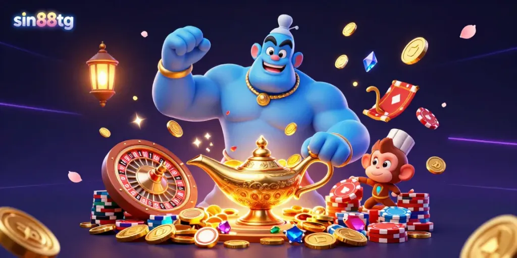 Experience thrilling games at sin88tg with a jubilant genie, flying monkey, and magic carpet amidst golden treasures.