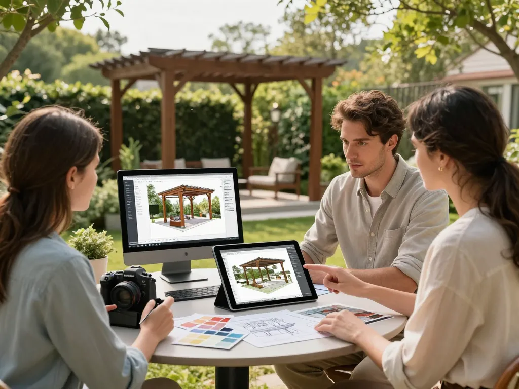 Diseñador profesional utilizando el configurador de pérgolas 3D en un jardín iluminado por el sol, mostrando renderizado 3D en vivo y muestras de colores.