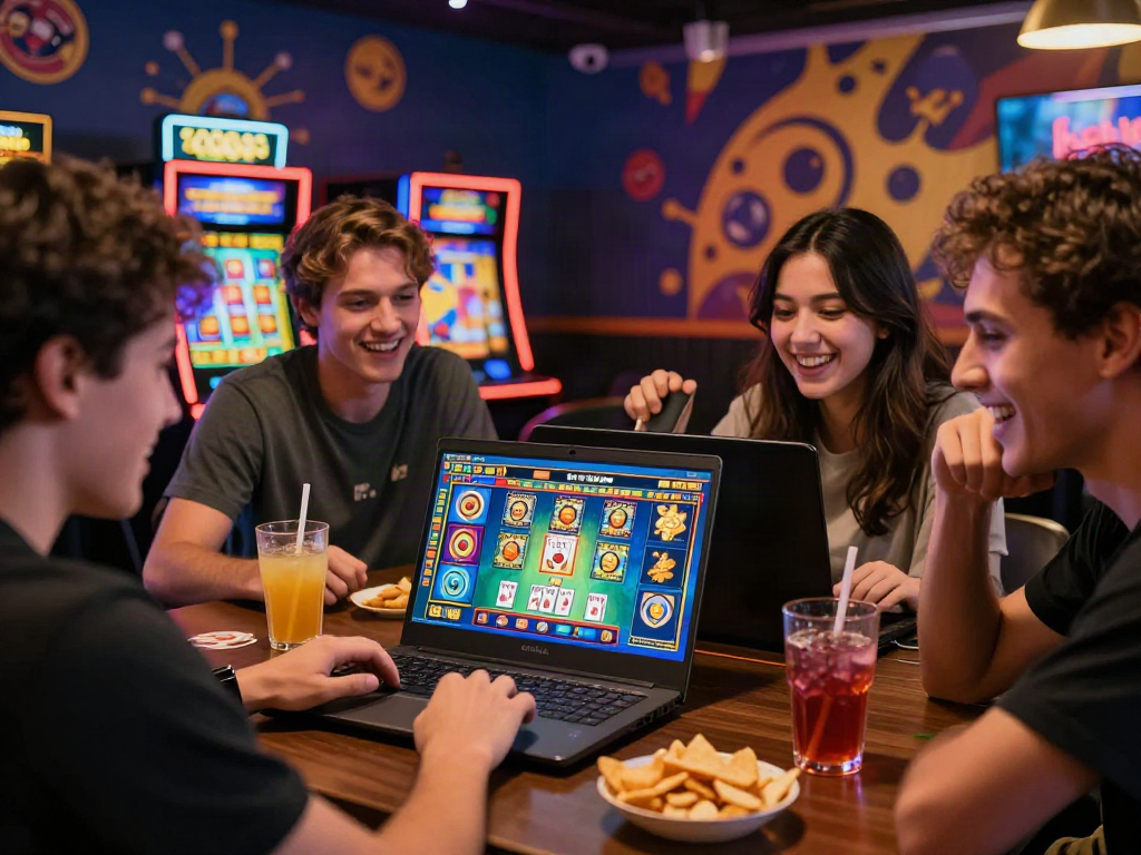 Group enjoying rokok88 alternatif online gambling on a laptop with vibrant game graphics and snacks.