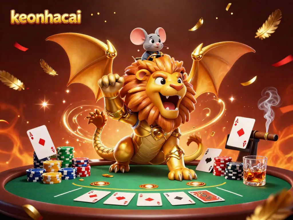 Experience thrilling victories with keonhacai's vibrant 3D casino scene showcasing unique characters and poker dynamics.