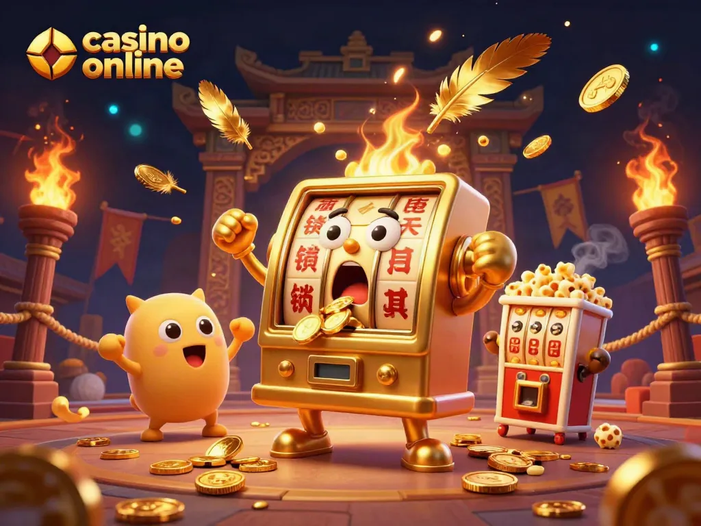 Gana en casinos online mientras un tragamonedas feliz recibe monedas doradas en Chile.