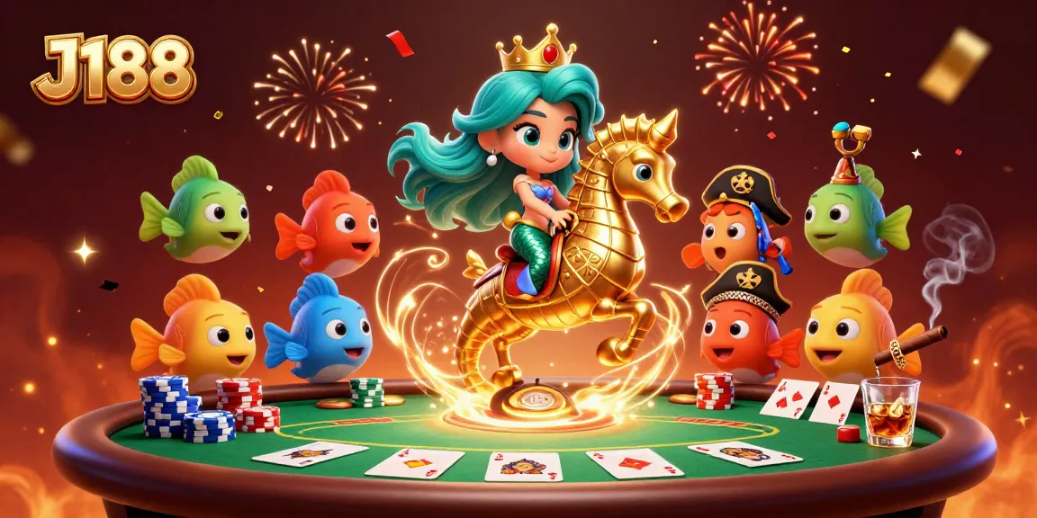 Experience the excitement of J188 with a vibrant scene of a mermaid princess at a poker table in an underwater casino.