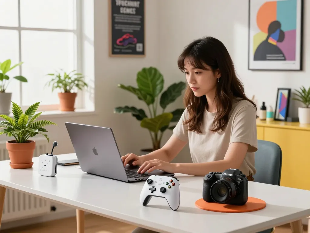 Affordable tech gadgets showcased in a stylish office setting with a young woman working on her laptop.