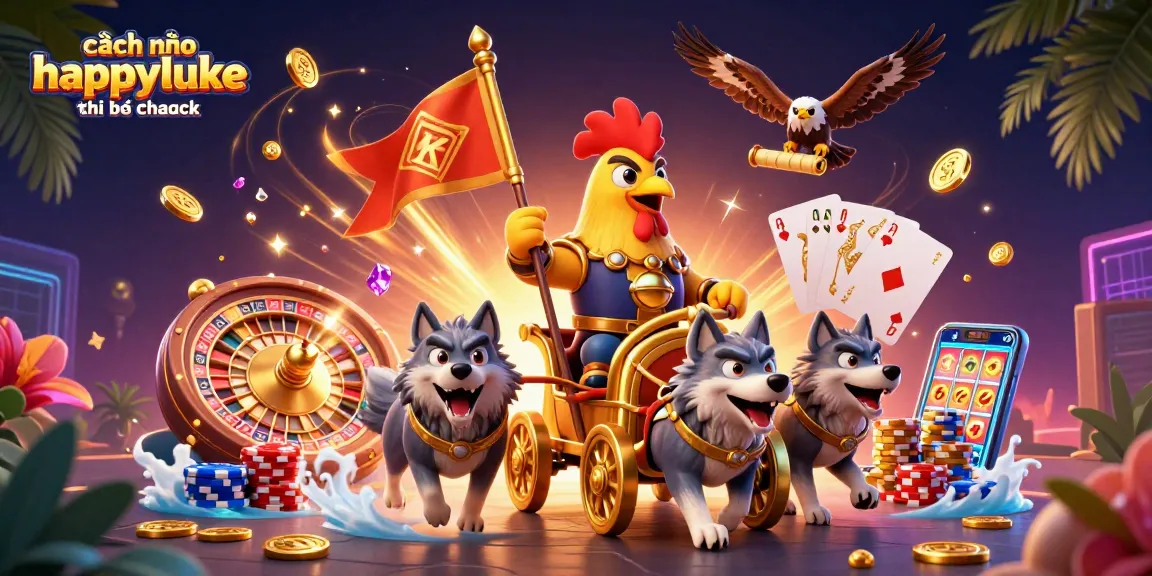Cách vào Happyluke khi bị chặn with a vivid rendering of a cartoon rooster warlord and lively casino elements for seamless access.