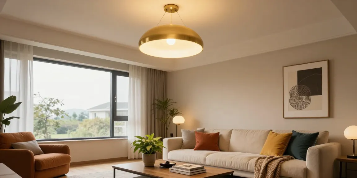 Una sala de estar bellamente decorada con una lámpara de plafon dorado iluminando el espacio.