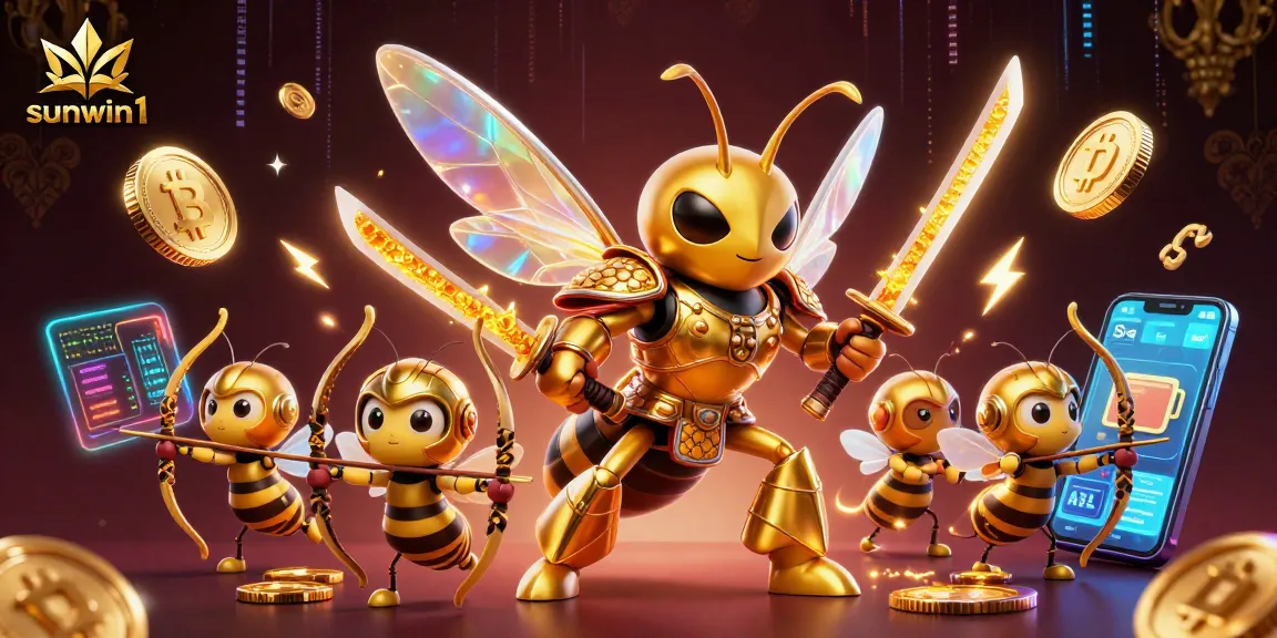 The colorful sunwin1 scene shows a golden hornet samurai battling in a vibrant crypto casino.