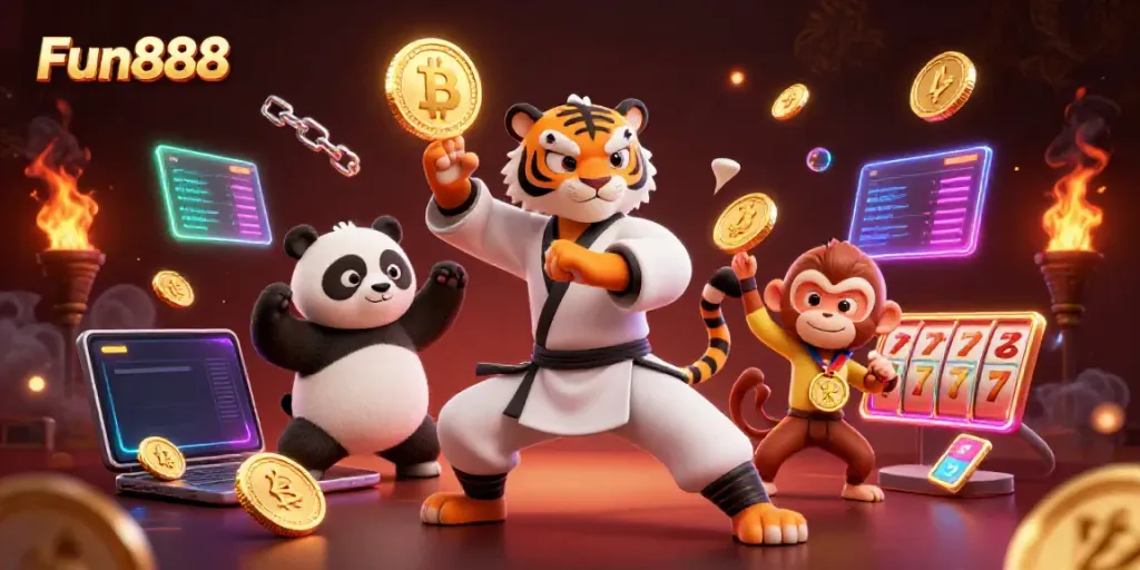 Experience thrilling Fun888 gaming with vibrant characters and dynamic crypto elements in this casino illustration.