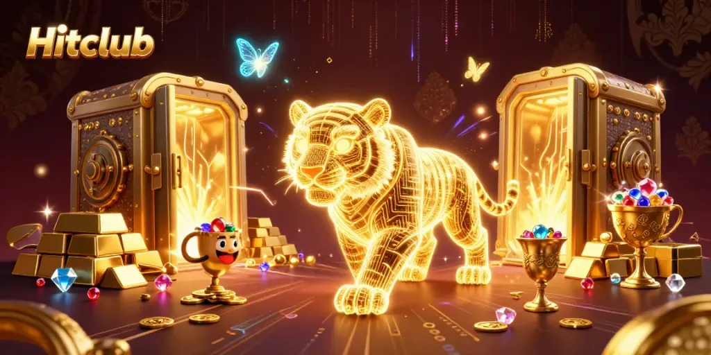 Hitclub game scene depicting a golden tiger in a vibrant digital casino with treasures and butterflies.