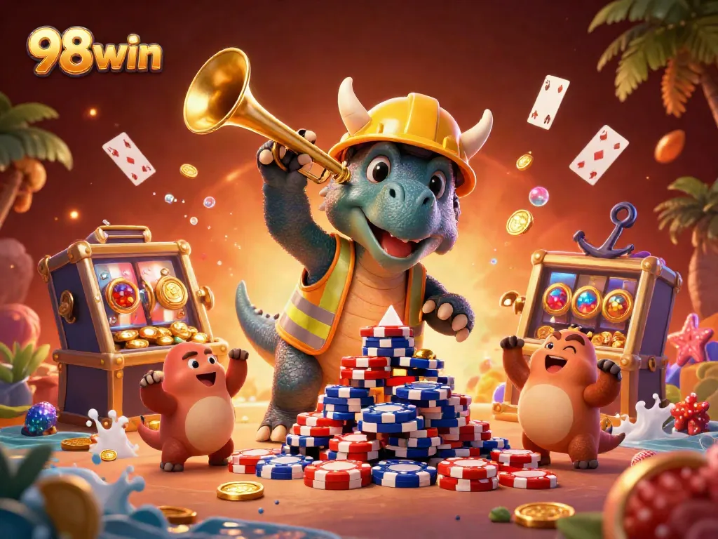 Experience the excitement of winning at 98win with dynamic 3D casino characters celebrating big wins.