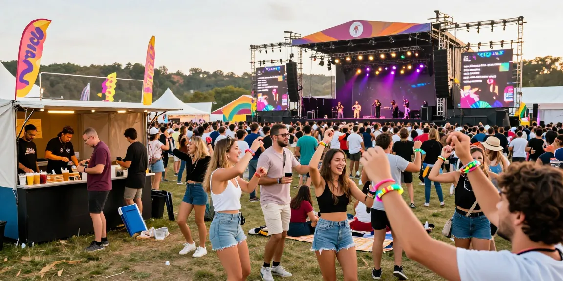 Crowd enjoying a vibrant music festival with pulseras electrónicas para eventos, lively atmosphere and food vendors present.