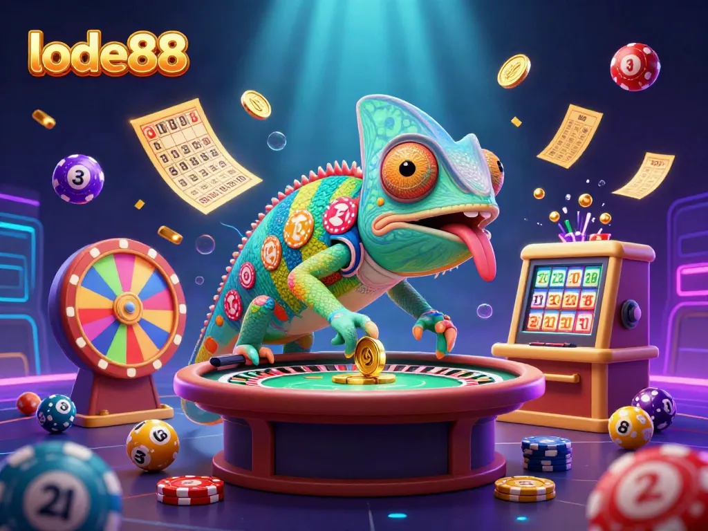 Experience exciting gaming at lode88 with a vibrant gaming scene, featuring a colorful chameleon and lively elements.