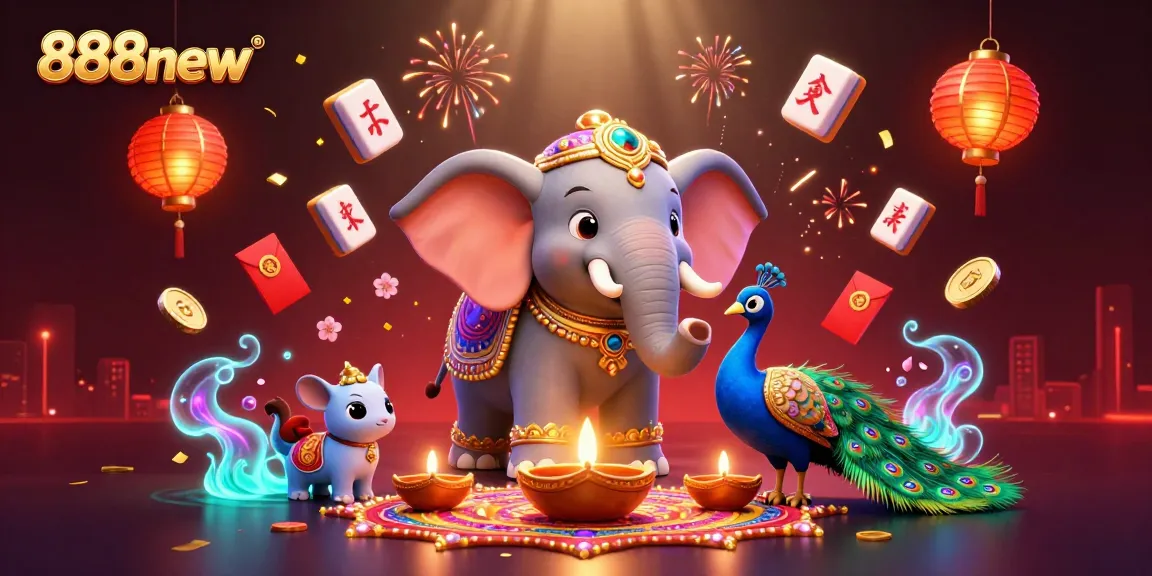 Engage with 888new's vibrant casino illustration featuring fantasy elements and festive decorations.