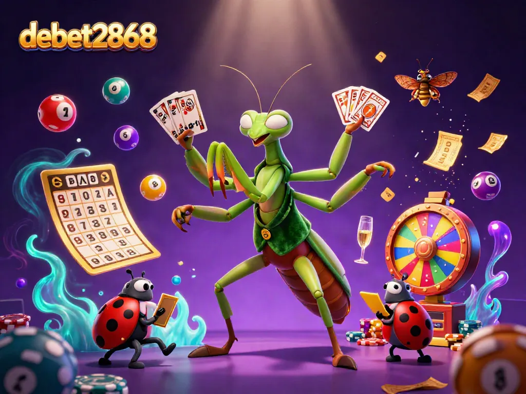 Engage with debet2868's vibrant casino world featuring a giant mantis, ladybug pit boss, colorful lottery balls, and dynamic gaming action.