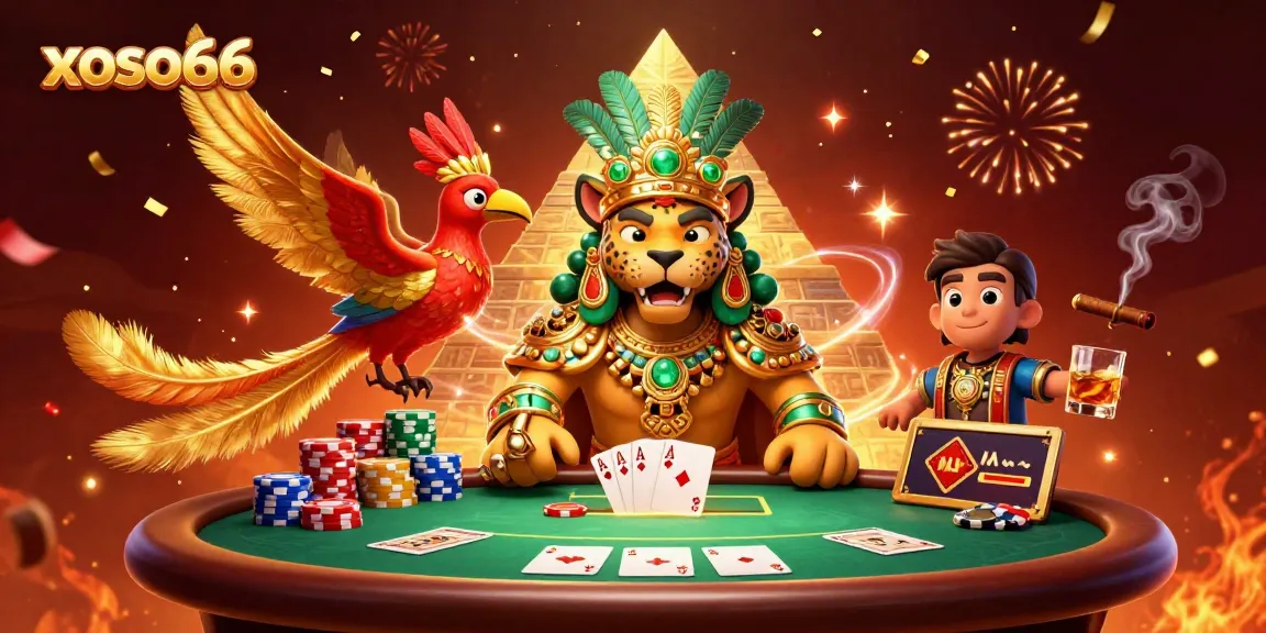 Engage with the thrilling xoso66 experience featuring a Mayan jaguar priest and phoenix in a rich gaming scene