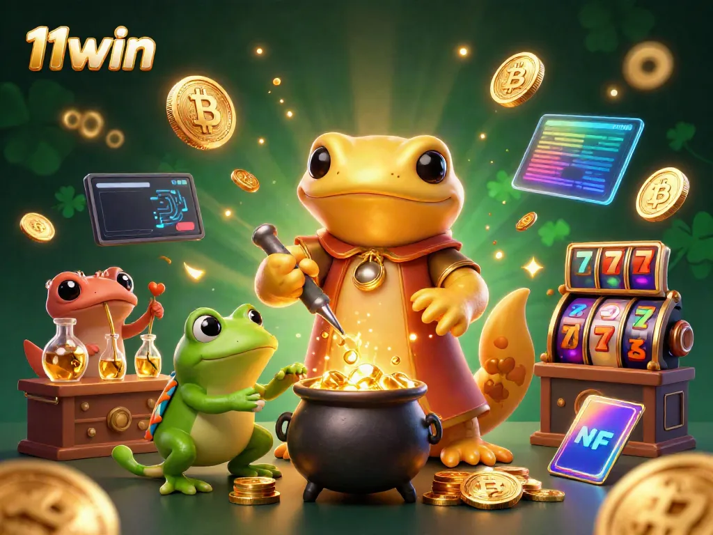 Experience the excitement of 11win as a giant golden salamander alchemist transforms base metals into gold coins in a lively casino lab.