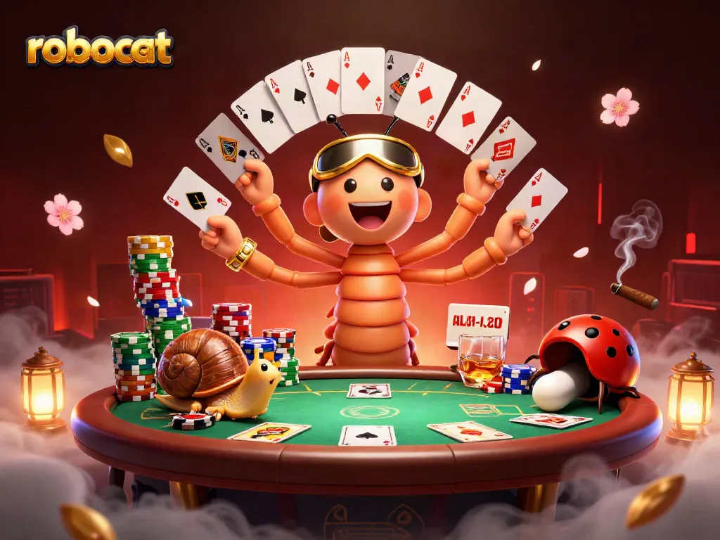robocat dealer showcases winning poker hands with vivid chips and cards in a colorful casino scene.