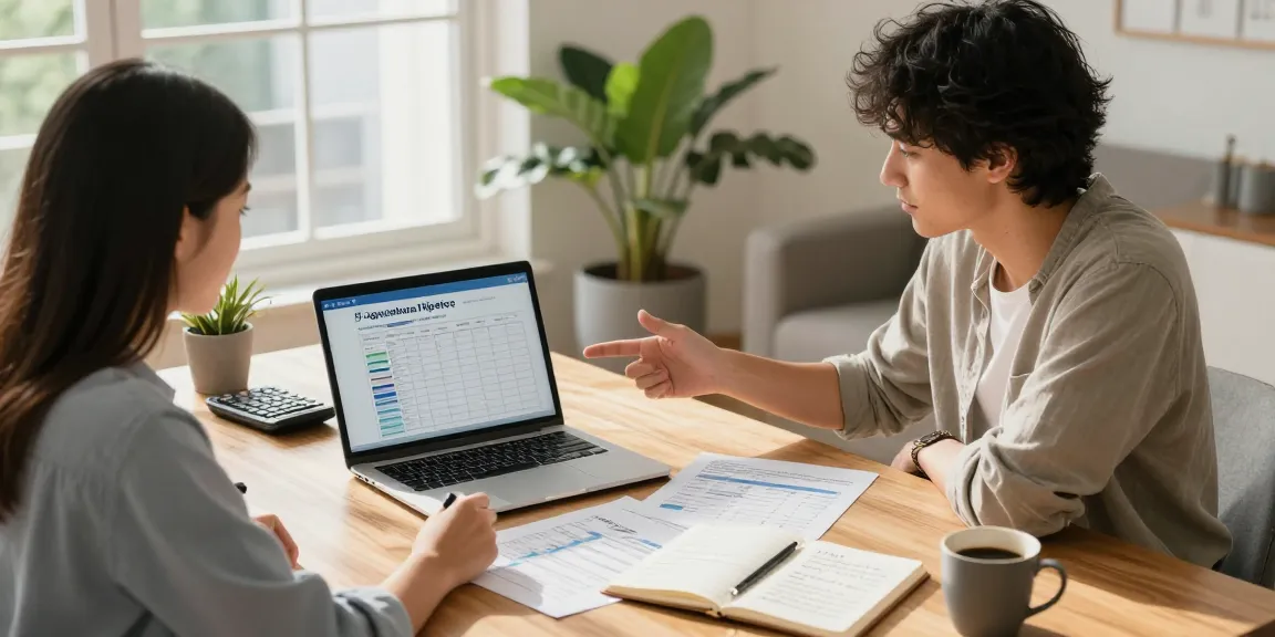 Couple using a calculadora hipoteca to analyze mortgage options in a bright home office.