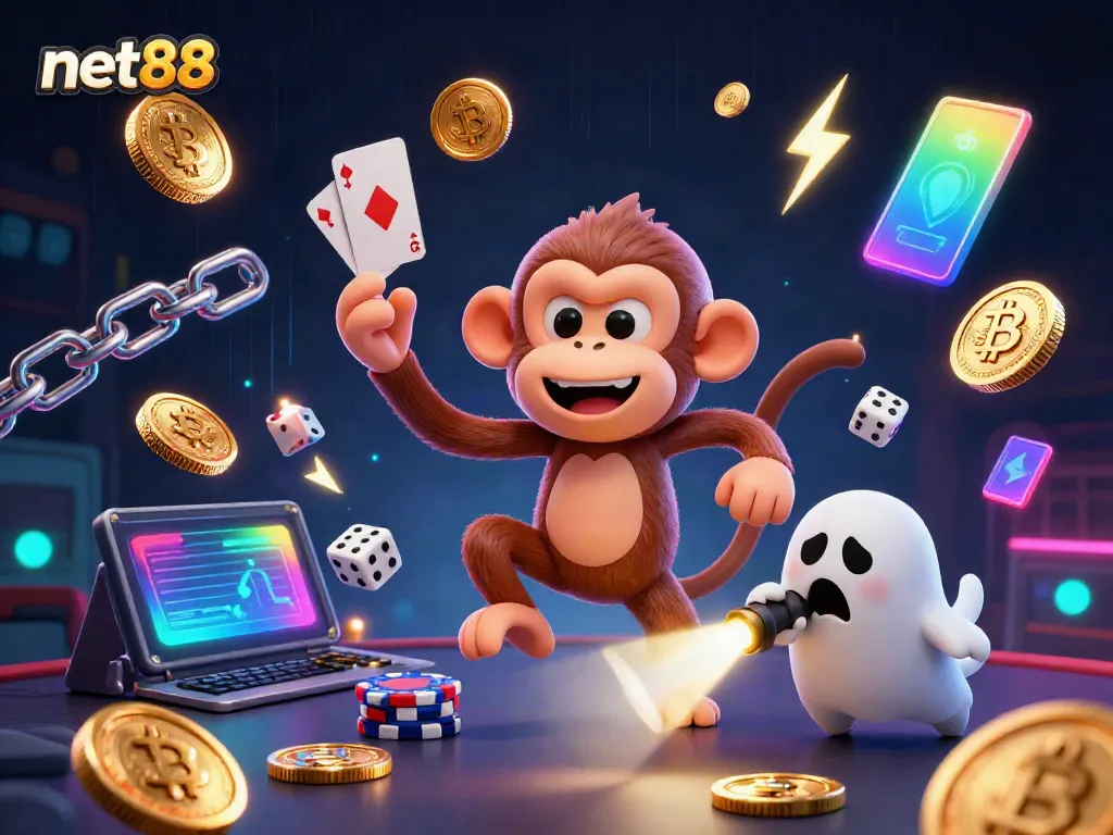 Experience net88's thrilling atmosphere with a poltergeist monkey and a ghost-hunter puppy at a haunted casino.