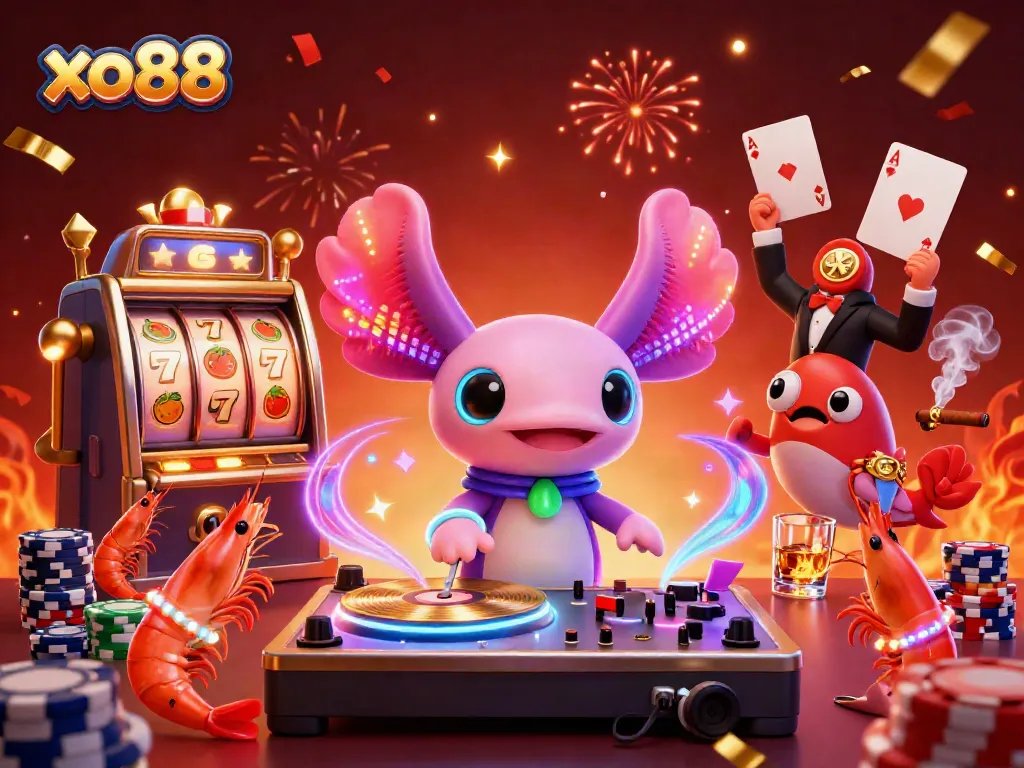Experience the thrill of xo88 with a vibrant underwater party atmosphere featuring an axolotl DJ surrounded by casino game elements.
