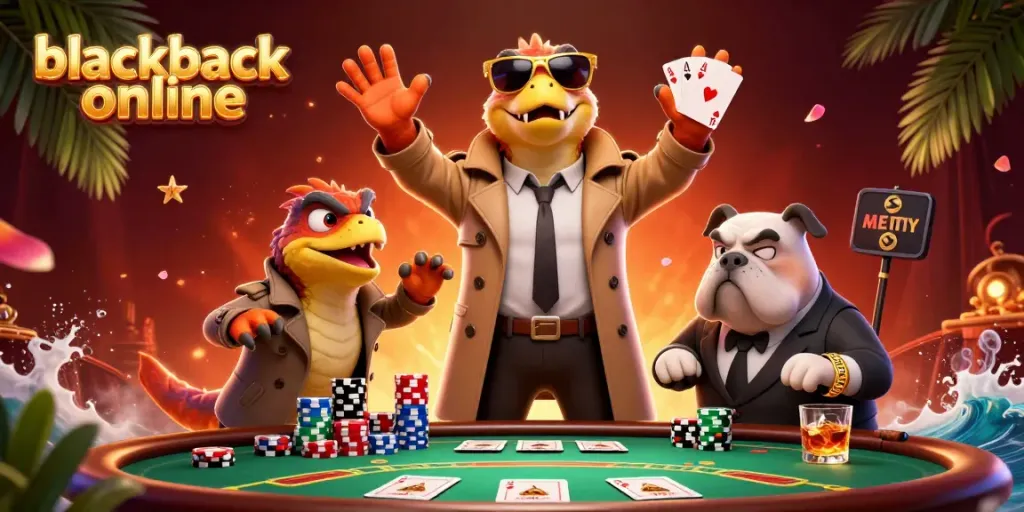 Juega blackjack online con emoción en una escena de casino vibrante y divertida.