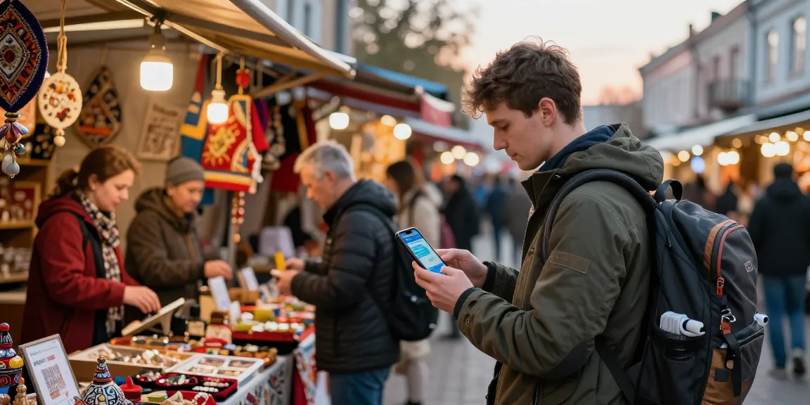 Una turista usando https://payinrussia.com/ para pagos en un colorido mercado local en Rusia, rodeada de vendedores y productos artesanales.