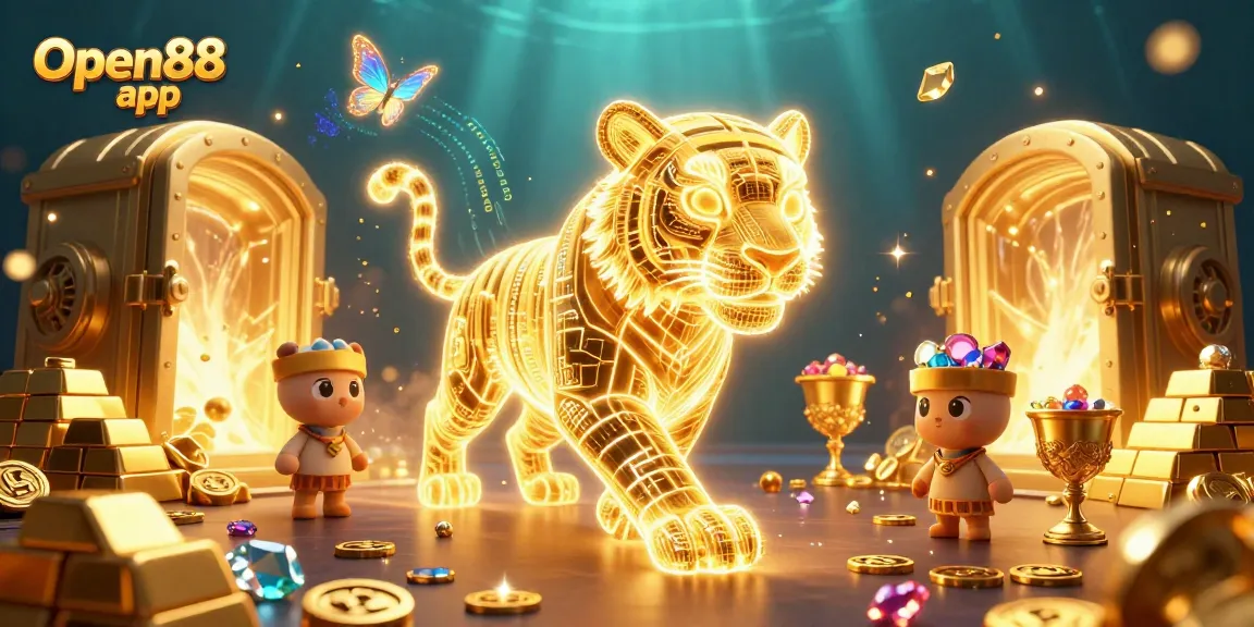 Play and win big at the Open88 app with this vibrant casino scene featuring thrilling action and winning symbols.