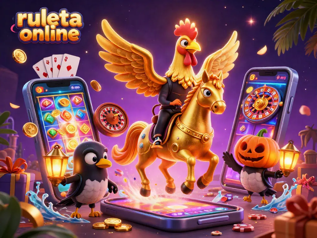 Ruleta online para decidir opciones al azar con una ilustración en un casino lleno de elementos espectaculares.