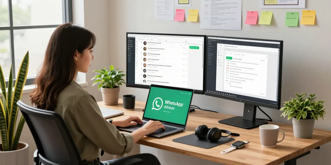 Accessing WhatsApp電腦版 on a modern dual-monitor setup in a vibrant office.