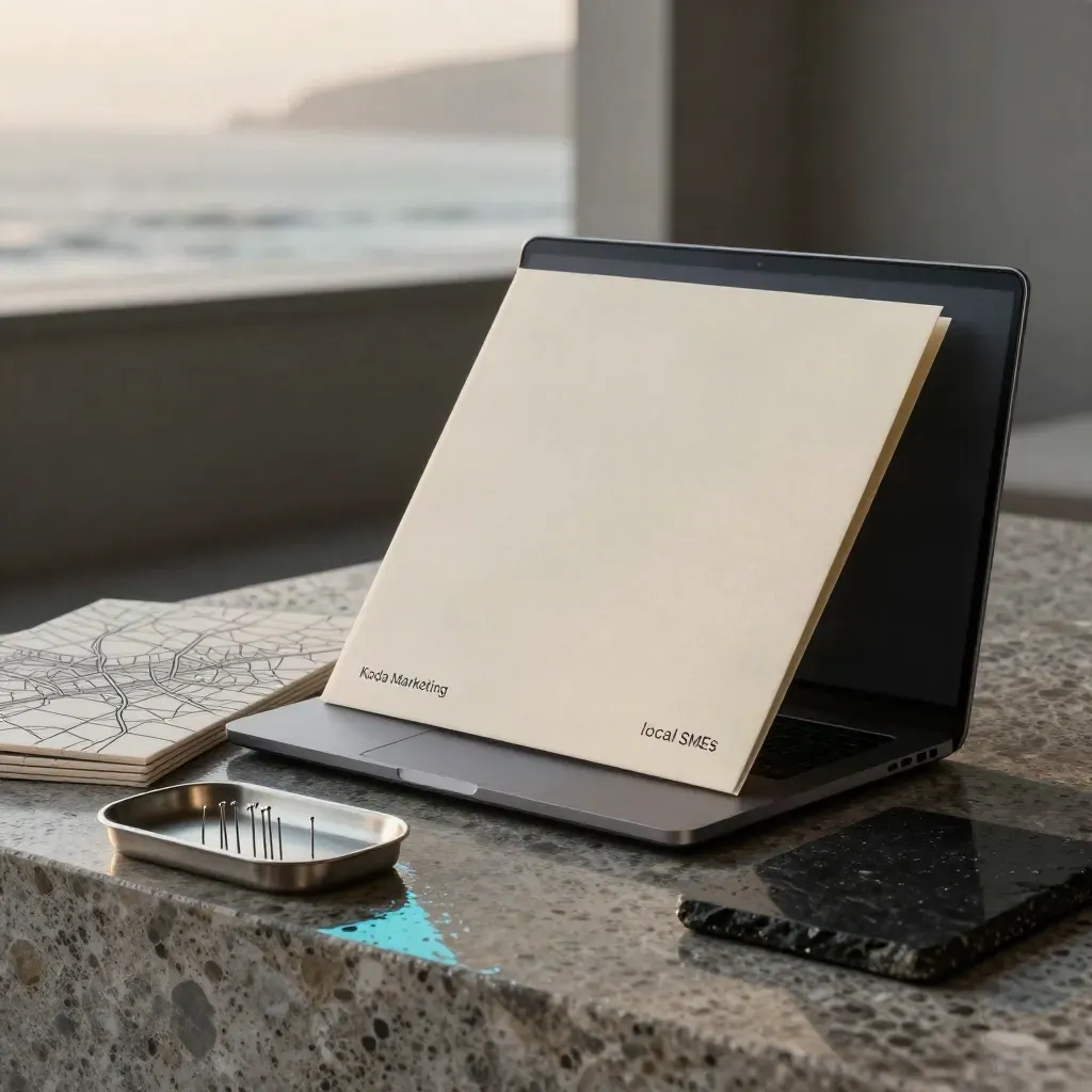 Kit SEO para pymes con portátil, carpeta crema y piezas de mapa bajo luz matinal junto al mar.