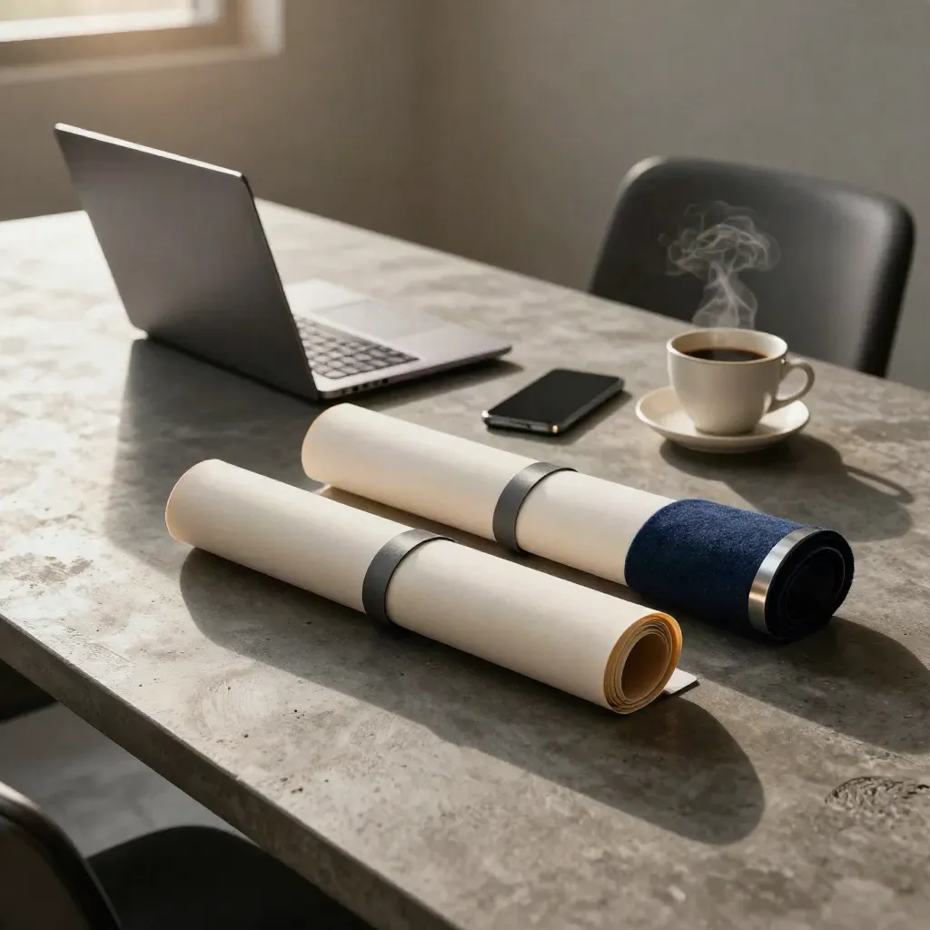 Mesa de reunión con portátil, teléfono y café en una escena premium de captación digital.