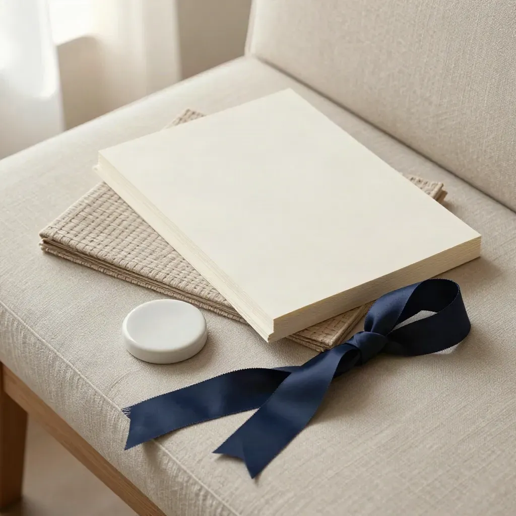 Kit de branding con folio, muestras textiles, pieza cerámica y cinta azul marino sobre banco de lino.