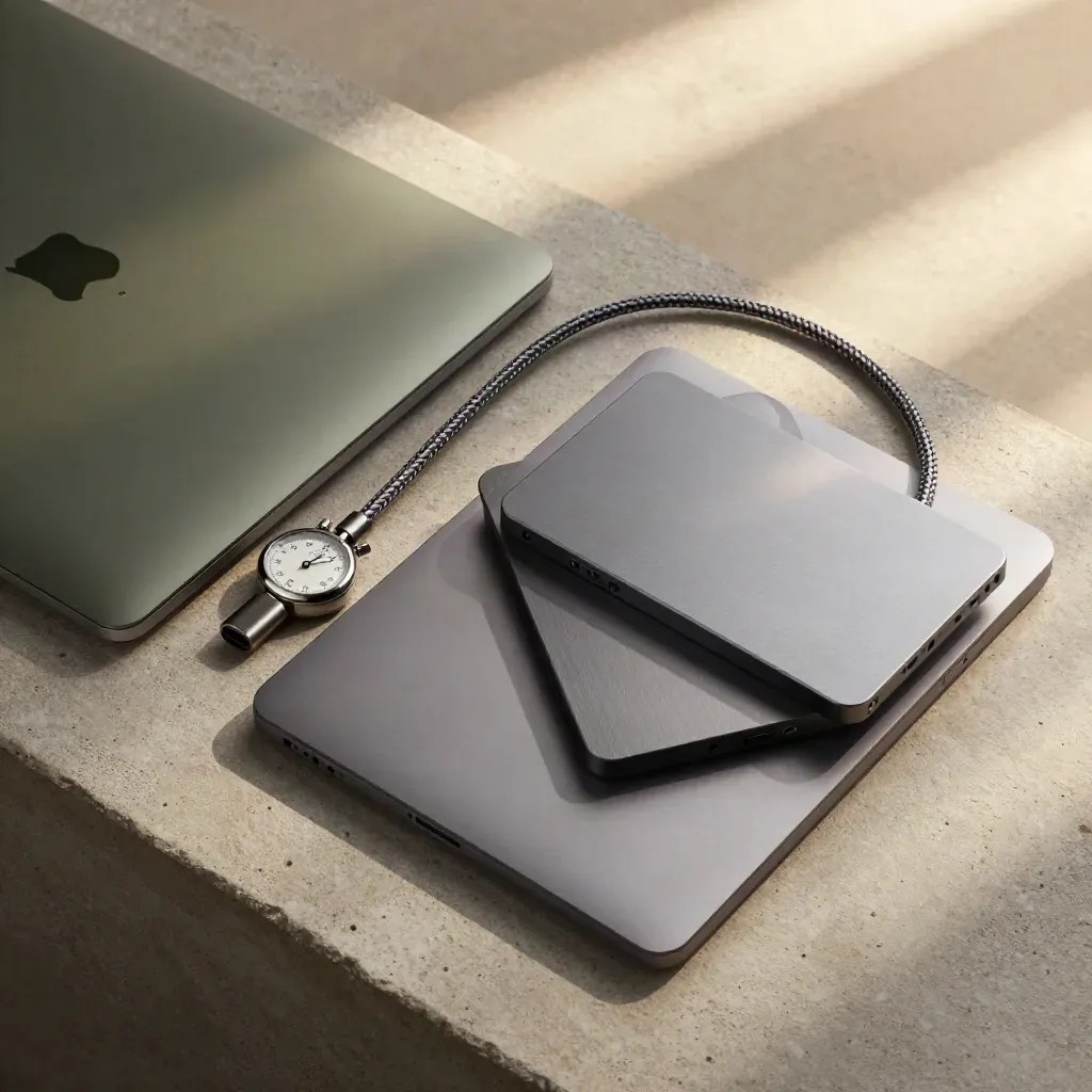 Flatlay cenital de portátil, SSD, cable trenzado y aro cronómetro sobre piedra gris.