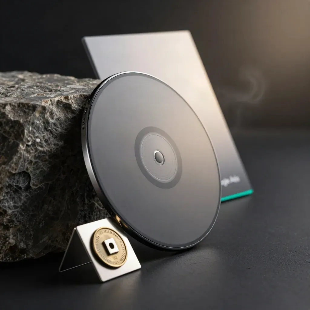 Kit de Google Ads con disco diana, móvil, ficha de presupuesto y cuña metálica sobre fondo oscuro.