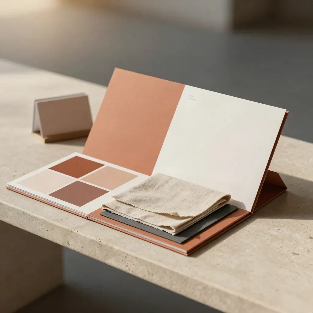 Kit de marca startup con folio, muestras de color y tarjetas en una repisa de piedra.