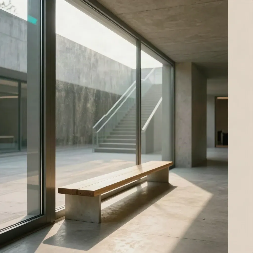 Pasillo arquitectónico de vidrio y hormigón con banco de madera clara y luz cian.