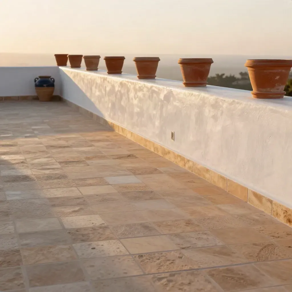 Terraza encalada al atardecer con suelo de arcilla, macetas lejanas y brillo cálido.