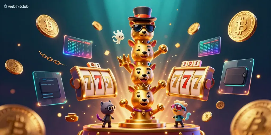 Experience the excitement of web hitclub with a dynamic 3D casino illustration showcasing iconic slot elements and playful characters.