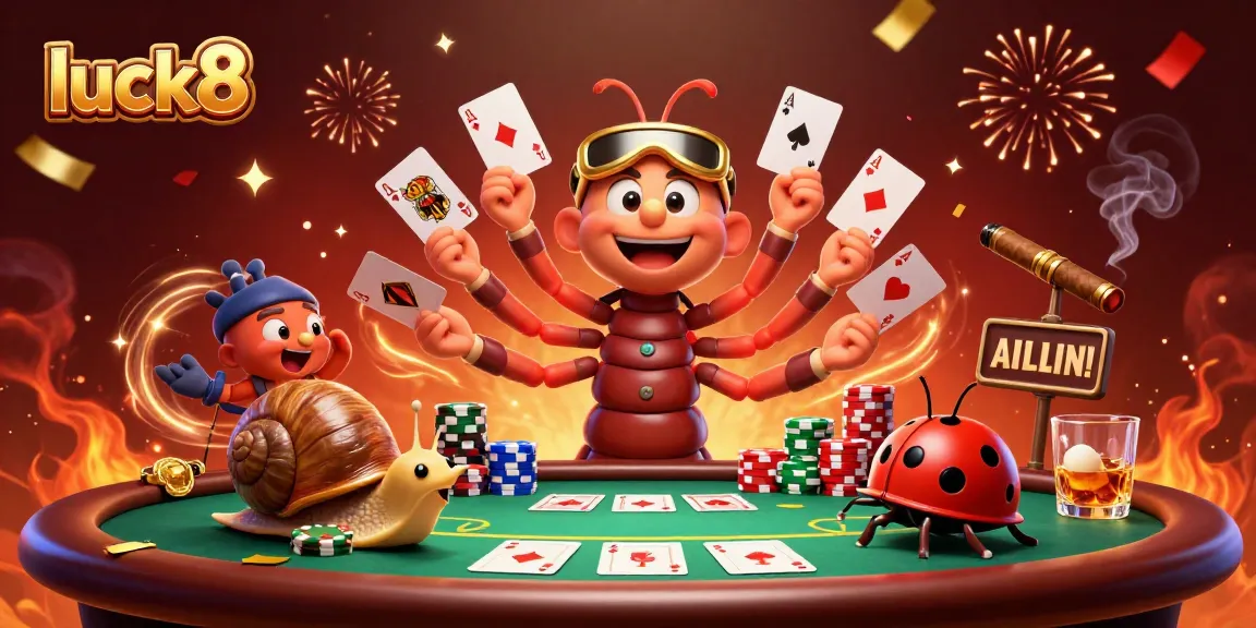 Experience thrilling action at luck8 with a millipede dealer, snail high-roller, and vibrant gambling elements.