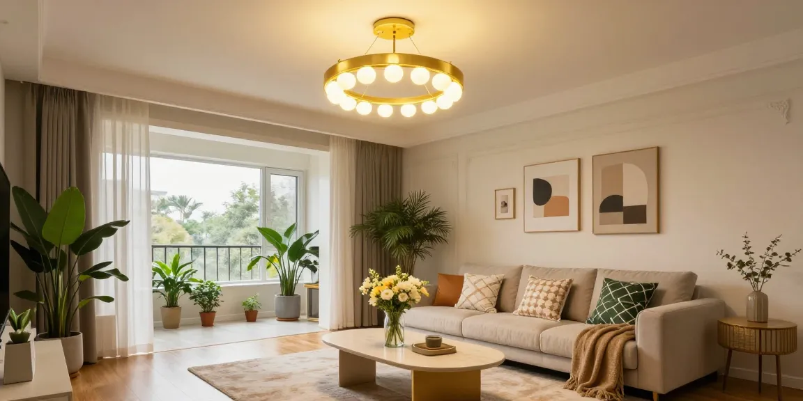 Stylish living room showcasing a plafon dorado, elegant decor, and warm natural light.